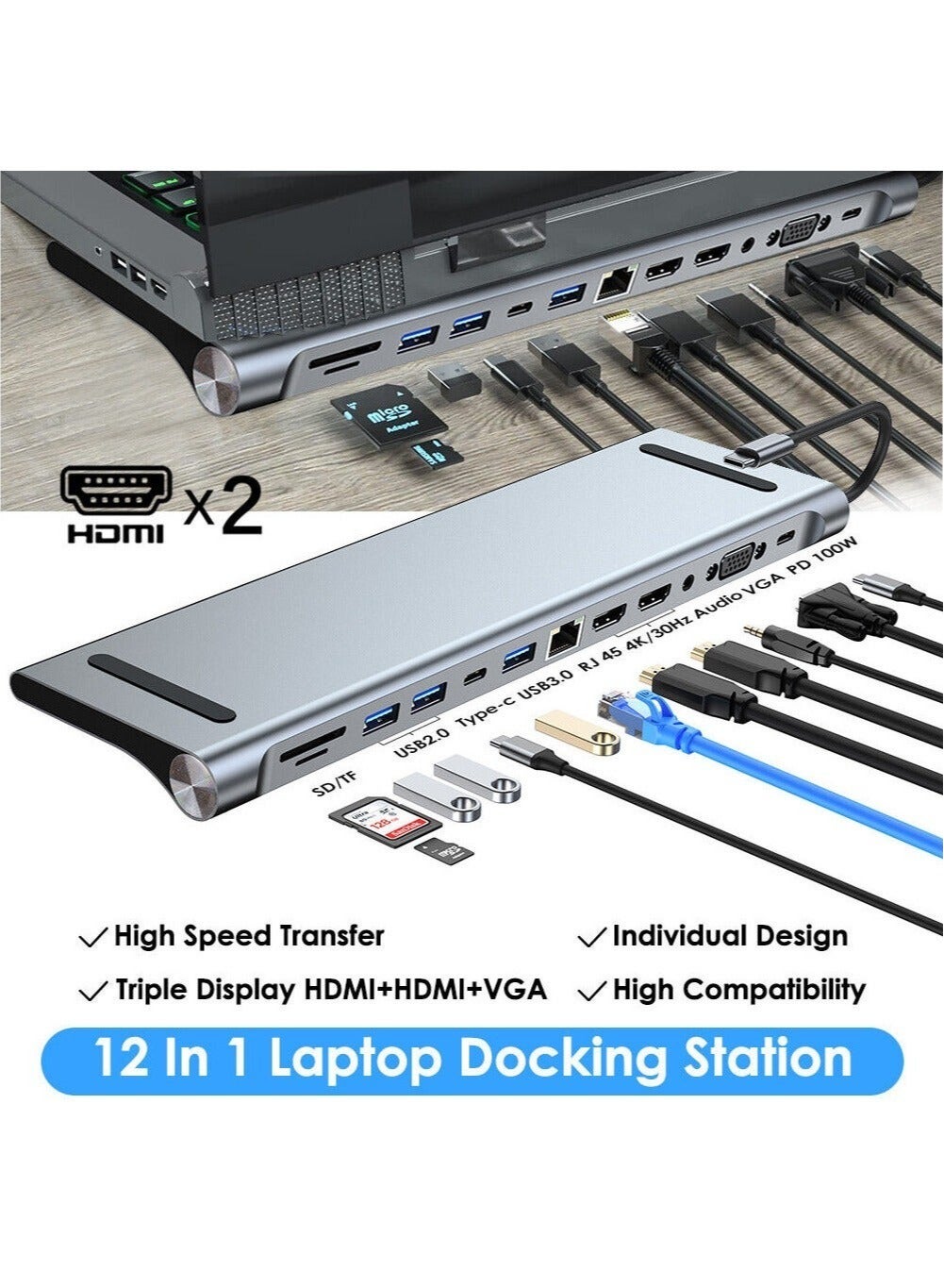 USB C HUB,USB Type C 12-in-1 Dock, Docking Station USB C, Aluminium C Hub With RJ45 Ethernet, HDMI, VGA, Audio Mic Port, SD/TF Card Reader