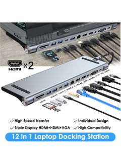 USB C HUB,USB Type C 12-in-1 Dock, Docking Station USB C, Aluminium C Hub With RJ45 Ethernet, HDMI, VGA, Audio Mic Port, SD/TF Card Reader