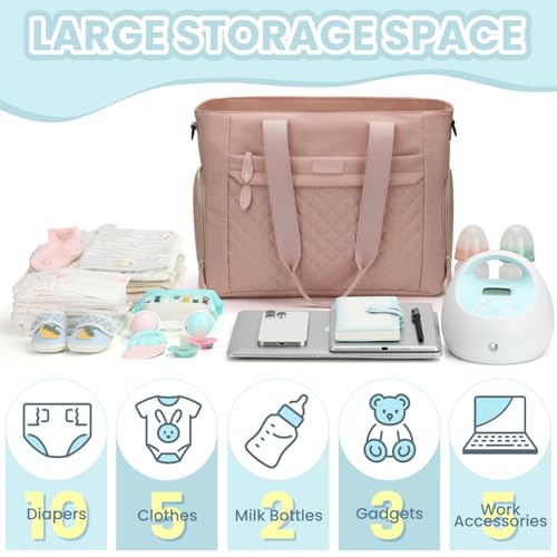 Pritent Diaper Bag Tote for Working Mom Large Travel Diaper Tote for Mom and Dad with 14 Inch Laptop Sleeve Mommy Maternity Travel Baby Bag for Boys and Girls Pink - Image 3