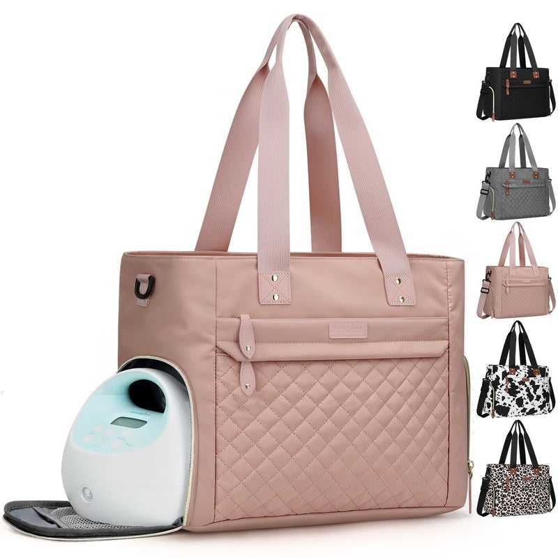 Pritent Diaper Bag Tote for Working Mom Large Travel Diaper Tote for Mom and Dad with 14 Inch Laptop Sleeve Mommy Maternity Travel Baby Bag for Boys and Girls Pink - Image 2