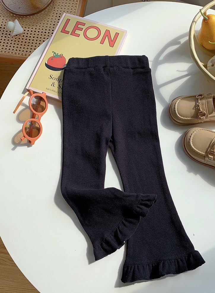 Loquat Girl's Solid Color Bell Bottoms Elastic Waist Flared Pants Ruffle Leggings Black 