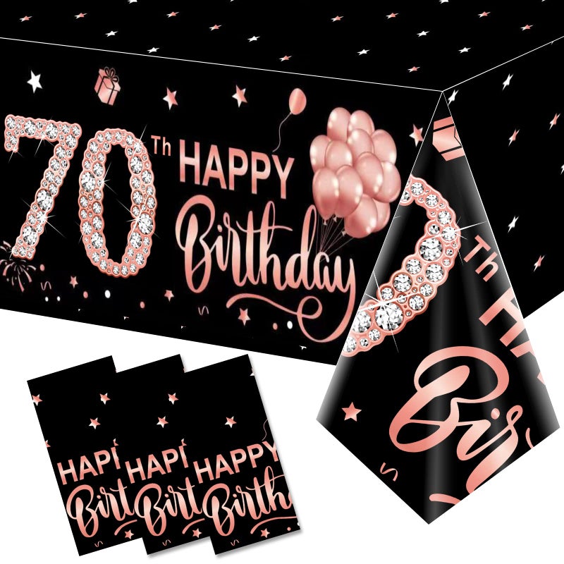 Parfundg 3 Pack 70th Birthday Tablecloth Decorations for Women Rose Gold Happy Seventy Birthday Theme Rectangular Plastic Disposable Table Cloth Decor 54 x 108 Inches