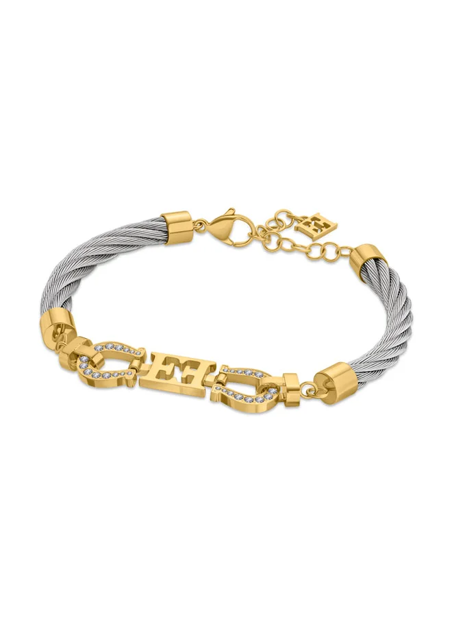 إسكادا Zoe Stainless Steel Cable Bracelet with Escada Logo & Crystal Horseshoe Charms – Good Fortune & Success