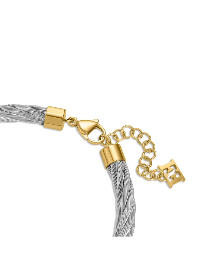 ESCADA Zoe Stainless Steel Cable Bracelet with Logo and Crystal Horseshoe Charms Good Fortune and Success