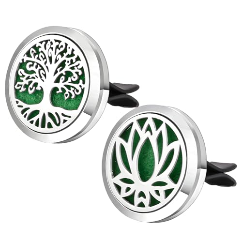KVAEY 2PCS 30mm Car Diffuser Vent Clips Tree of Life Aromatherapy Essential Oil Diffuser Locket with 12 Felt Pads Stainless Steel Car Diffuser Locket Air Freshener Silver - Image 1