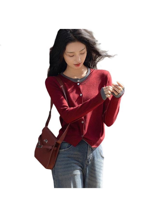 Dme "Quiet Luxury Inspiration Wardrobe" Spring And Autumn Design Sense Fake Two-Piece Contrast Color Line Shirt Decorative Button Knitted Sweater Women'S Top - Image 2