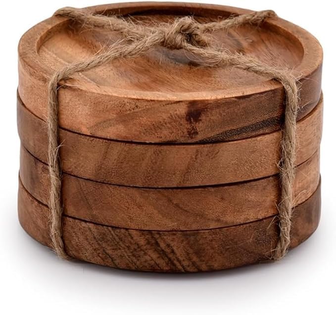 Posh Cart Drink Coasters Made of Natural Acacia Wood Suitable for Glasses and Tabletop Protection for Any Type of Table 4Piece Set - Image 1