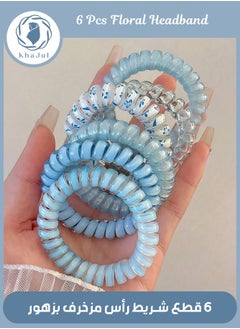 KHAJUL 6-Piece Waterproof Spiral Hair Ties,  Multicolour Ponytail Holders For Woman Girls Telephone Cord Hair Coils For Thin Hair (Blue)  - Image 1