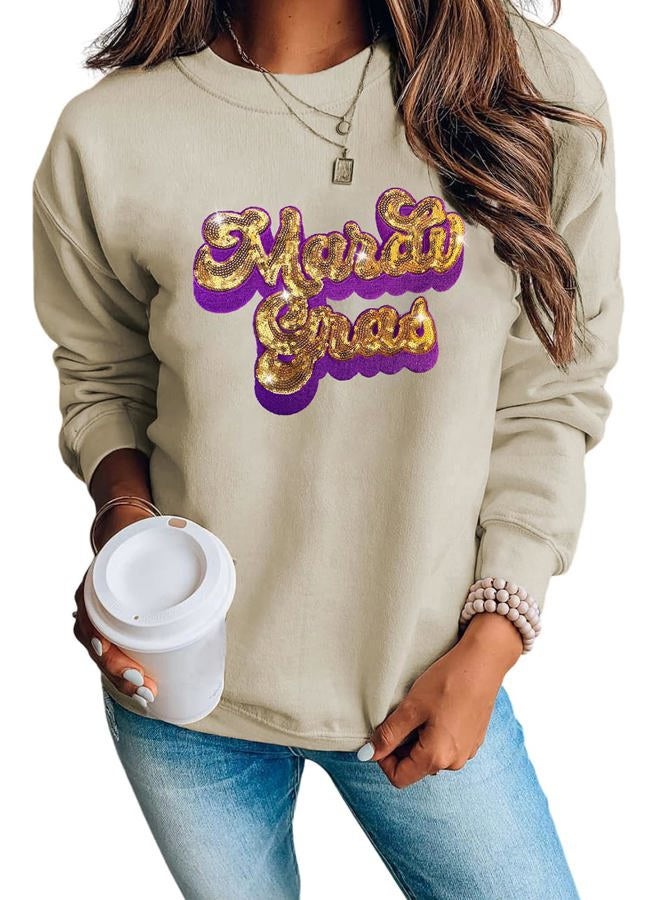 Ecosunny Women's Khaki Mardi Gras Sequin Embroidered Patch Sweatshirt Round Neck Long Sleeve Casual Print Holiday Tops - Image 1