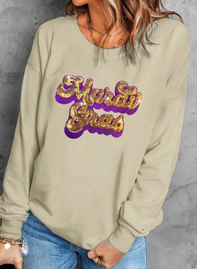 Ecosunny Women's Khaki Mardi Gras Sequin Embroidered Patch Sweatshirt Round Neck Long Sleeve Casual Print Holiday Tops - Image 3