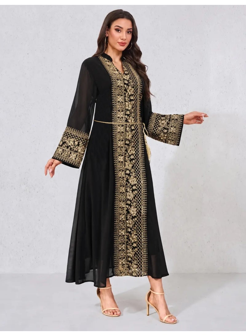 Kaiyuede Women's Black Embroidered Jalabiya with Gold Tassels and Lace-Up Waist - Image 1
