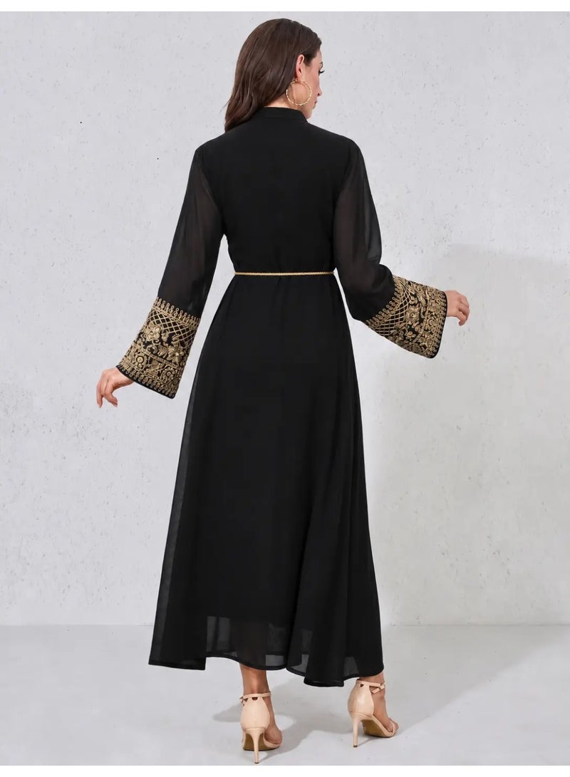 Kaiyuede Women's Black Embroidered Jalabiya with Gold Tassels and Lace-Up Waist - Image 2