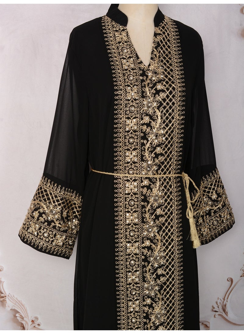 Kaiyuede Women's Black Embroidered Jalabiya with Gold Tassels and Lace-Up Waist - Image 5