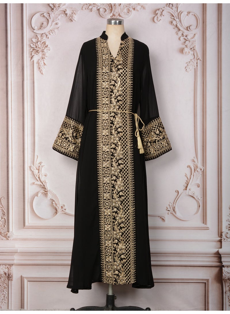 Kaiyuede Women's Black Embroidered Jalabiya with Gold Tassels and Lace-Up Waist - Image 4