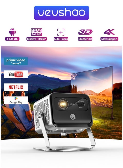 V80 Smart Projector, 1920 * 1080P Full HD DLP Projector, 4K Android TV 11.0 OS, TOF Auto Focus Projector, Buillt-in 2PCS 20W Speakers