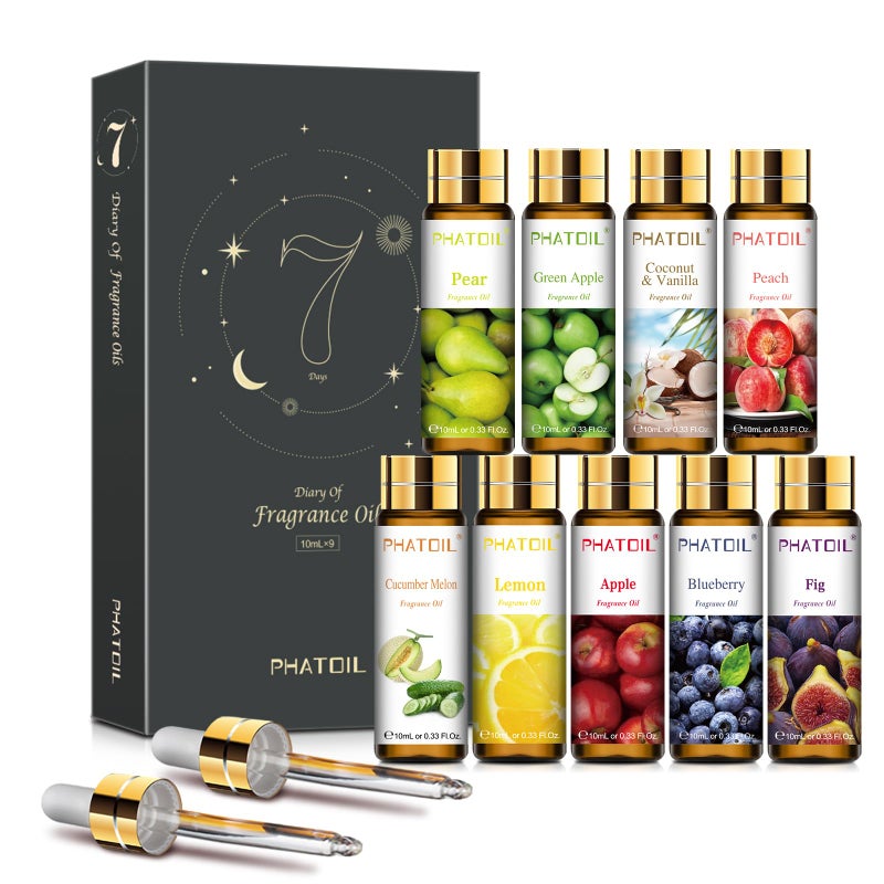 PHATOIL 9PCS Fruit Fragrance Oil Set for Soap Making Diffusers 10ml033floz Cucumber Melon Coconut Vanilla Peach Pear Green Apple Blueberry Apple Fig Lemon Fragrance Oil Essential Oils