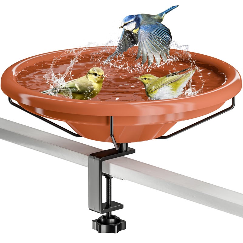 iBorn Bird Bath,Deck Mounted Bird Baths 12inch,Birdbath for Outside with Clamp 3.2inch,BPA-Free Bowl,Chew-Proof,Fully Detachable Design,Easy Clean & Refill,Terracotta,1 Packï¼ˆNot Include Fountainï¼‰ - Image 1