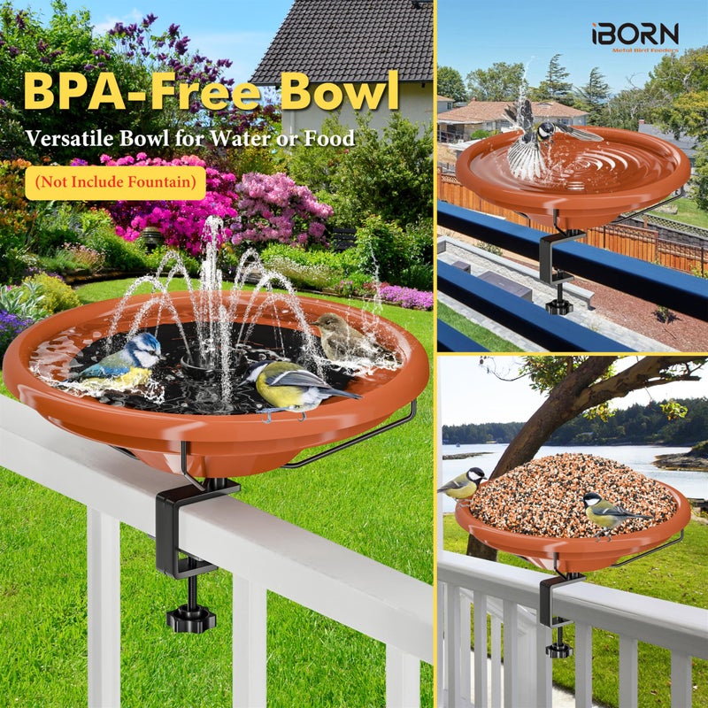 iBorn Bird Bath,Deck Mounted Bird Baths 12inch,Birdbath for Outside with Clamp 3.2inch,BPA-Free Bowl,Chew-Proof,Fully Detachable Design,Easy Clean & Refill,Terracotta,1 Packï¼ˆNot Include Fountainï¼‰ - Image 4