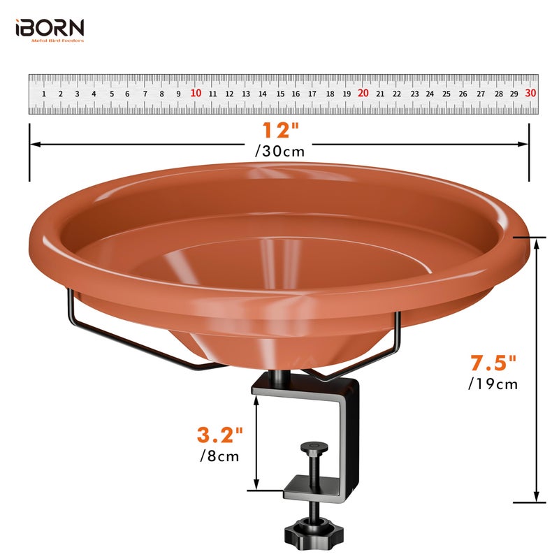 iBorn Bird Bath,Deck Mounted Bird Baths 12inch,Birdbath for Outside with Clamp 3.2inch,BPA-Free Bowl,Chew-Proof,Fully Detachable Design,Easy Clean & Refill,Terracotta,1 Packï¼ˆNot Include Fountainï¼‰ - Image 2