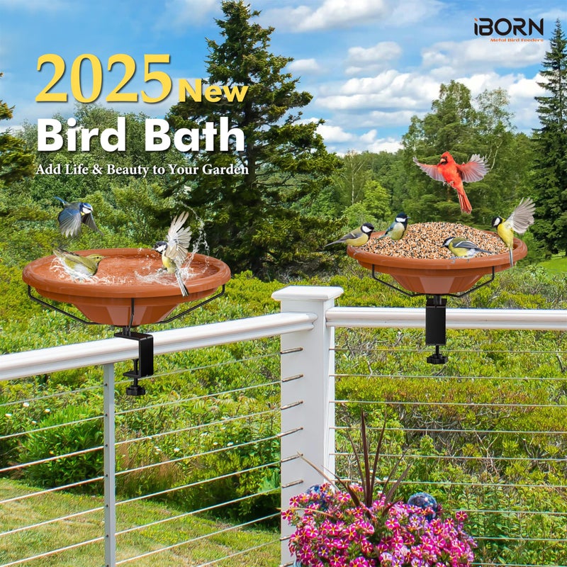 iBorn Bird Bath,Deck Mounted Bird Baths 12inch,Birdbath for Outside with Clamp 3.2inch,BPA-Free Bowl,Chew-Proof,Fully Detachable Design,Easy Clean & Refill,Terracotta,1 Packï¼ˆNot Include Fountainï¼‰ - Image 3