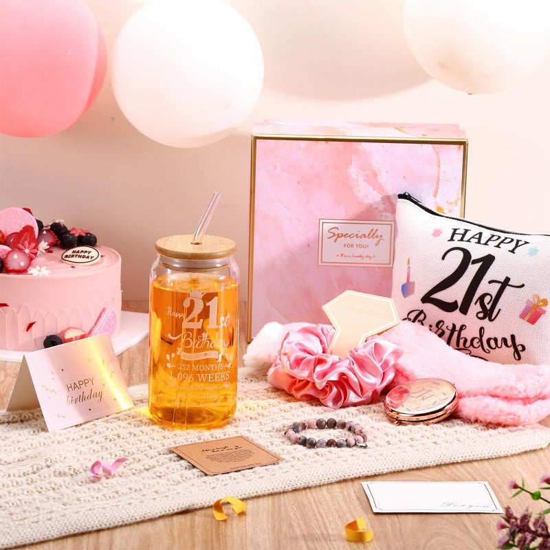 Yungyan Yungyan 9 Pcs 21st Birthday Gifts for Her Bday Gift Basket Include Makeup Bag 18 oz Glass Cup with Lid Glass Straw Socks Keychain Thank You Card  Funny Unique Gifts for Daughter Niece Bestie Friends - Image 2
