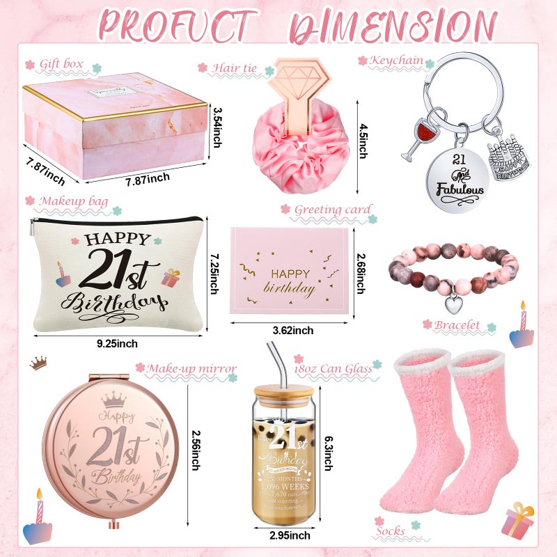 Yungyan Yungyan 9 Pcs 21st Birthday Gifts for Her Bday Gift Basket Include Makeup Bag 18 oz Glass Cup with Lid Glass Straw Socks Keychain Thank You Card  Funny Unique Gifts for Daughter Niece Bestie Friends - Image 1