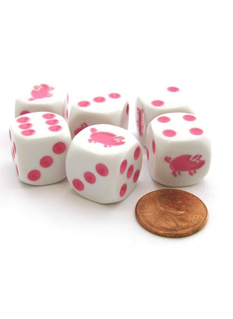 Set of 6 Pig 16mm D6 Round Edged Koplow Animal Dice - White with Pink Pips