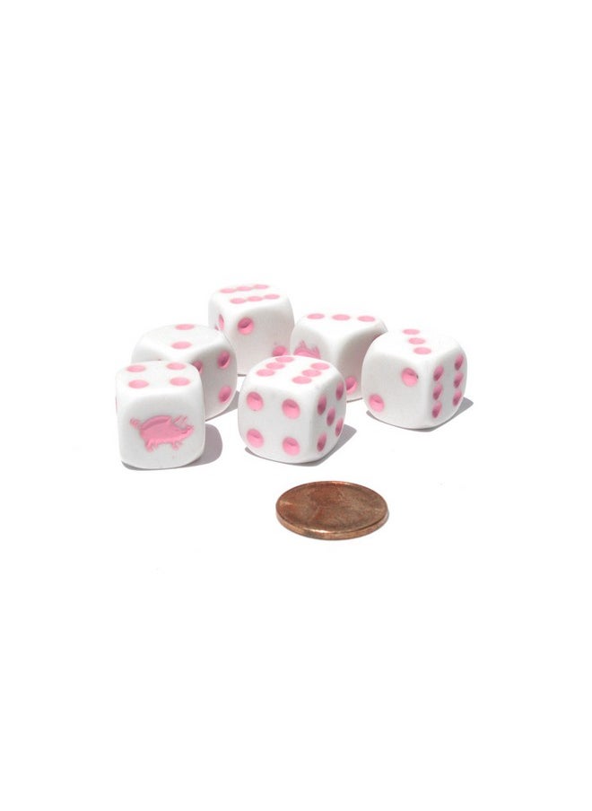 Set of 6 Pig 16mm D6 Round Edged Koplow Animal Dice - White with Pink Pips