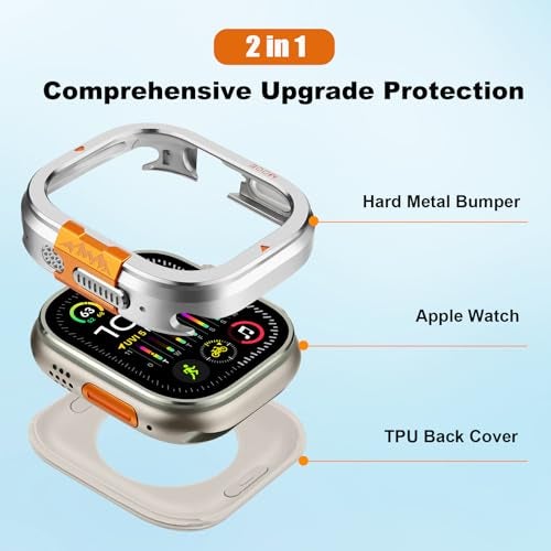 Suphart 2 in-1 Metal Cover Compatible with Apple Watch Ultra 3/2/1 Case 49mm, Rugged Bumper with Back Protector for iWatch Ultra 49mm, Silver - Image 2