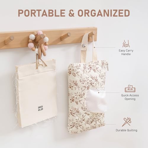 Nmoiat Wipe Holder Floral Diaper and Wipes Pouch Portable Hanging Wipes Bag for Car, Resuable Wet Wipe Pouch for Travel & Outdoor, Beige - Image 3