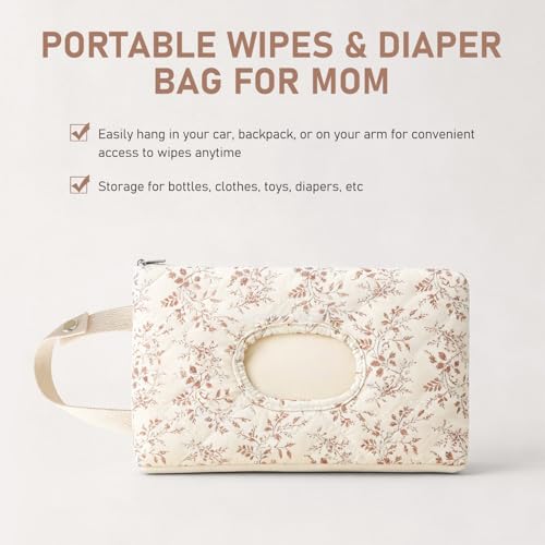 Nmoiat Wipe Holder Floral Diaper and Wipes Pouch Portable Hanging Wipes Bag for Car, Resuable Wet Wipe Pouch for Travel & Outdoor, Beige - Image 2