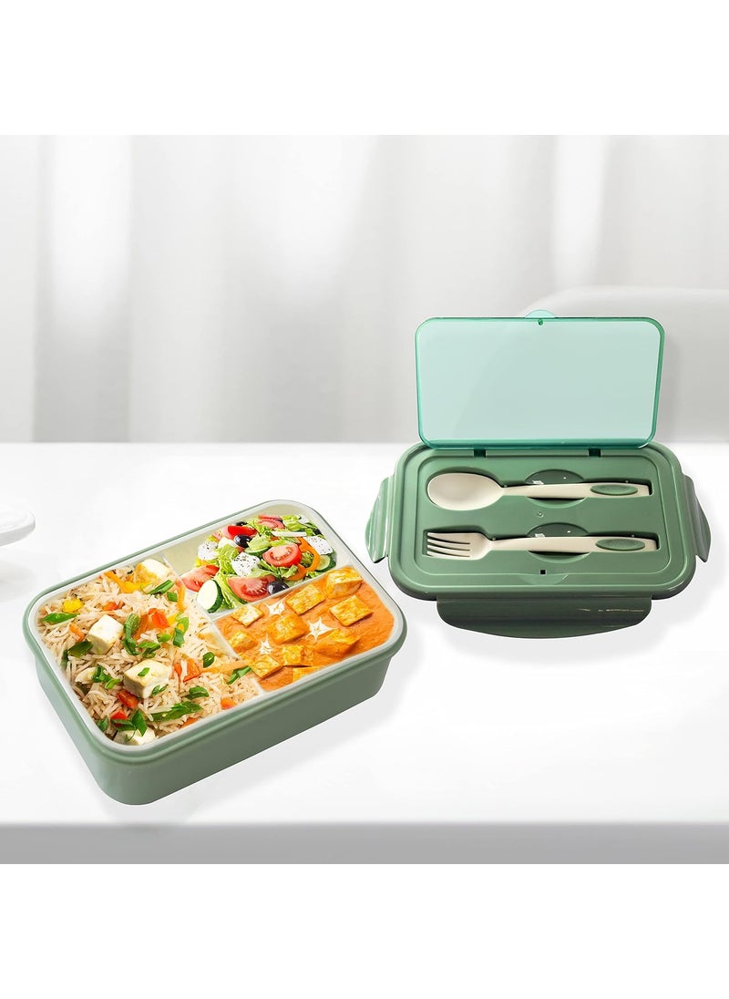 HOME GENIE HOME GENIE Leak Proof Compartment Lunch Box Reusable Microwave Freezer Safe Food Containers with Spoon and Fork for Adults and Kids PP Food Grade Plastic 3 Compartment Pastel Green 