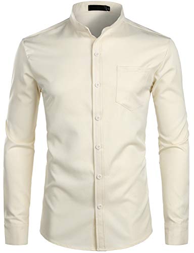 ZEROYAA Mens Banded Collar Slim Fit Long Sleeve Casual Button Down Dress Shirts with Pocket ZLCL09 Beige XLarge