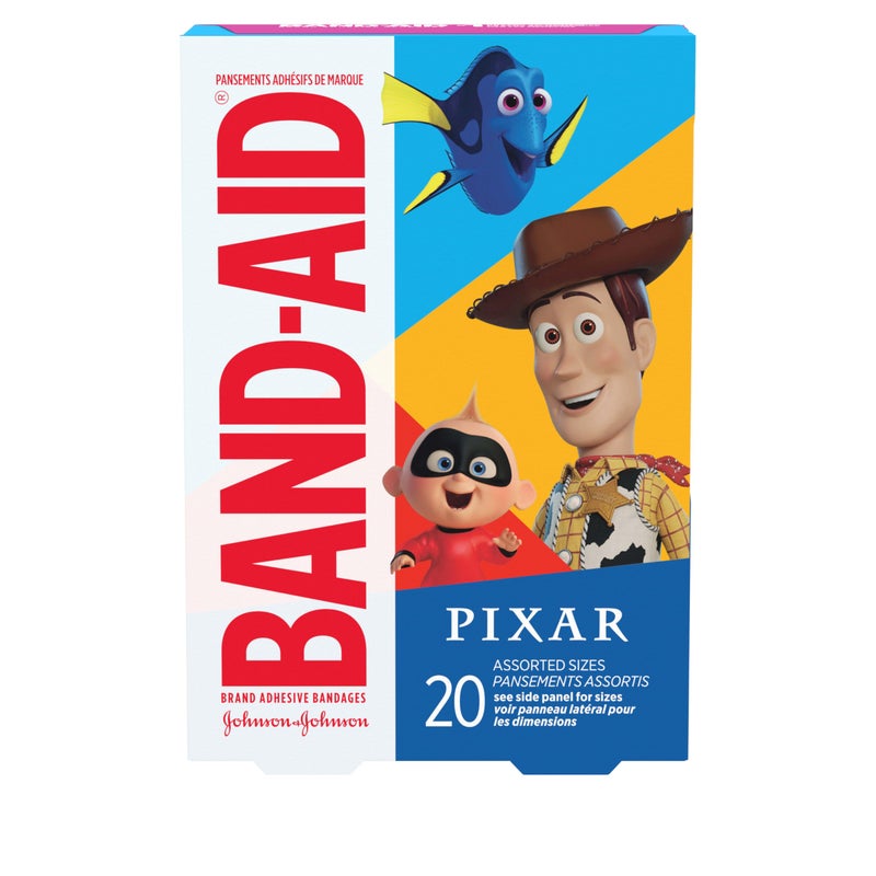 Band-Aid لصقات باند-أيد العلامة التجارية اللاصقة للجروح والخدوش الطفيفة، رعاية الجروح featuring شخصيات ديزني/بيكسار، لاصقات ممتعة للأطفال والرضع، أحجام متنوعة، 20 قطعة - Image 1