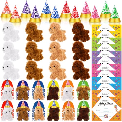Gejoy 48 Pcs Adopt a Puppy Party Favors for Kids Puppy Themed Birthday Party Supplies Plush Dogs with Hats Adoption Certificates Boxes for Adopt a Pet Theme Boys Girls Birthday PartiesCurly - Image 1
