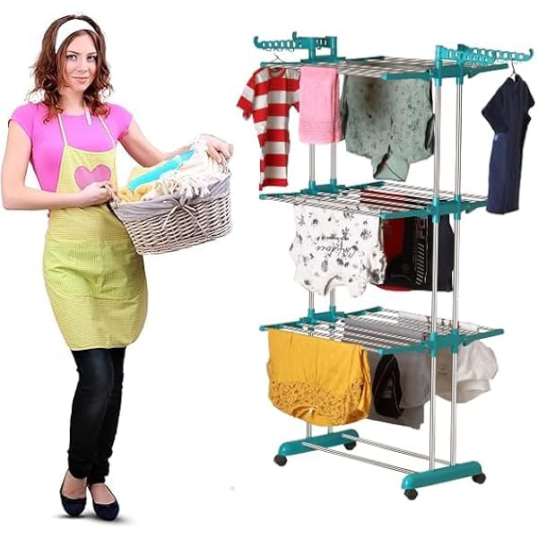 SUNDRY Stainless Steel Heavy Duty Double Pole 3 Layer Cloth Drying Stand for Balcony 3Tier Cloth Stand Green - Image 1