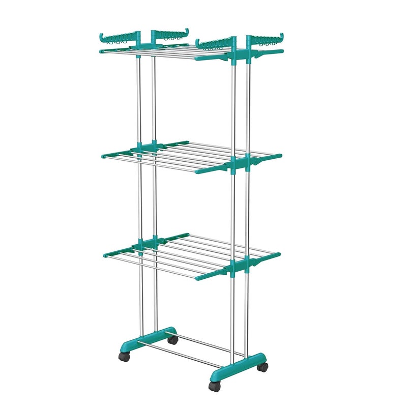 SUNDRY Stainless Steel Heavy Duty Double Pole 3 Layer Cloth Drying Stand for Balcony 3Tier Cloth Stand Green - Image 3