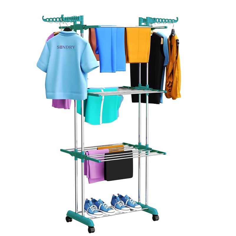 SUNDRY Stainless Steel Heavy Duty Double Pole 3 Layer Cloth Drying Stand for Balcony 3Tier Cloth Stand Green - Image 2
