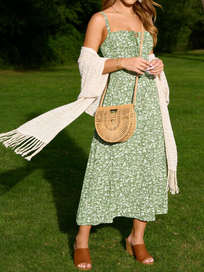 YATHON A Line Dress for Women Casual Green Floral Open Back Spaghetti Strap Square Neck Long Midi Tea Party Beach Sun Dresses (YT552-Green Floral 04,M) - Image 3