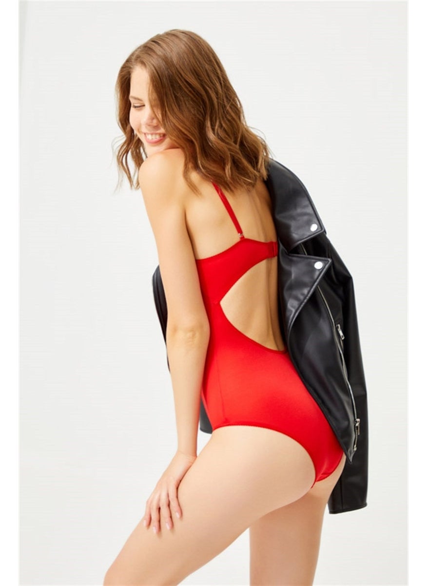 COTTONHILL Red Lace Detailed Transparent Backless Underwire Bodysuit  - Image 2