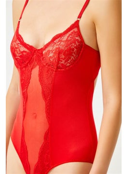 COTTONHILL Red Lace Detailed Transparent Backless Underwire Bodysuit  - Image 4