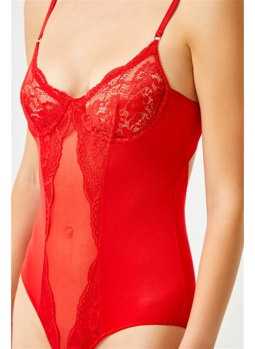 COTTONHILL Red Lace Detailed Transparent Backless Underwire Bodysuit  - Image 4