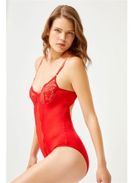 COTTONHILL Red Lace Detailed Transparent Backless Underwire Bodysuit  - Image 3