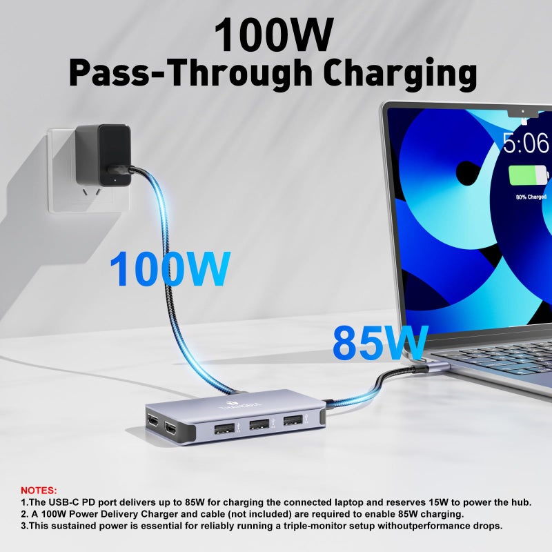THANDBLE USB C to Dual HDMI Adapter, 6 in 1 Docking Station Dual Monitor, 3*USB-A Data Ports, 100W PD, HDMI Splitter Extended Display Laptop USB C Hub for MacBook, HP, Dell and More - Image 5