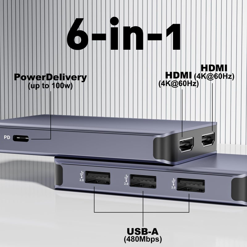 THANDBLE USB C to Dual HDMI Adapter, 6 in 1 Docking Station Dual Monitor, 3*USB-A Data Ports, 100W PD, HDMI Splitter Extended Display Laptop USB C Hub for MacBook, HP, Dell and More - Image 4
