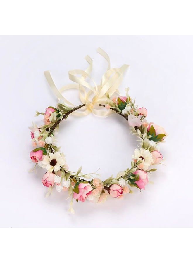 Floral Fall Camellia Flower Crown Rose Headpiece Wedding Bridal Flower Girl Halo Maternity Photo Props FL-03, Pink Flower With Babysbreath, M - Image 2