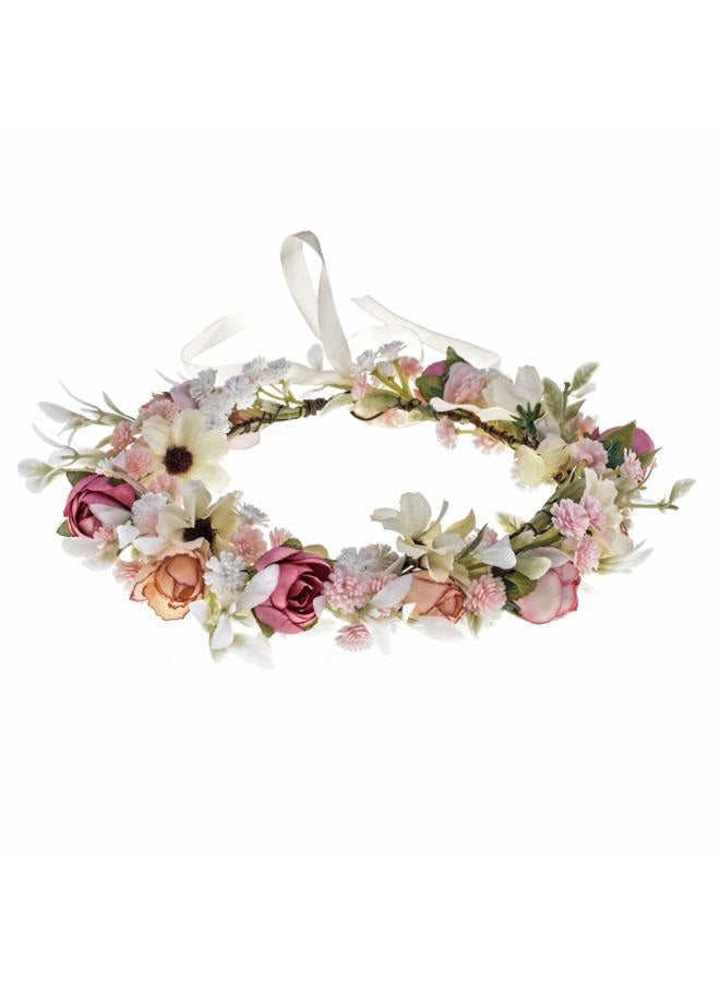 Floral Fall Camellia Flower Crown Rose Headpiece Wedding Bridal Flower Girl Halo Maternity Photo Props FL-03, Pink Flower With Babysbreath, M - Image 1