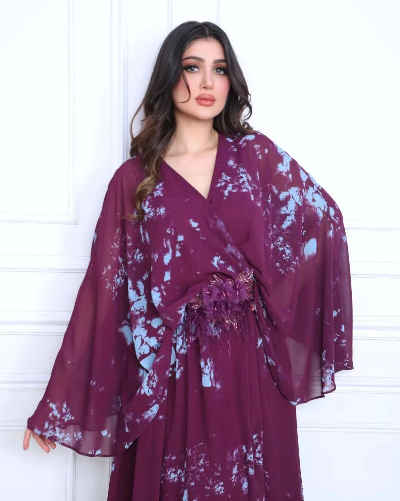 Opera Fashion Floral Burgundy and Sky Blue Chiffon Evening Dress with Waist Accessory