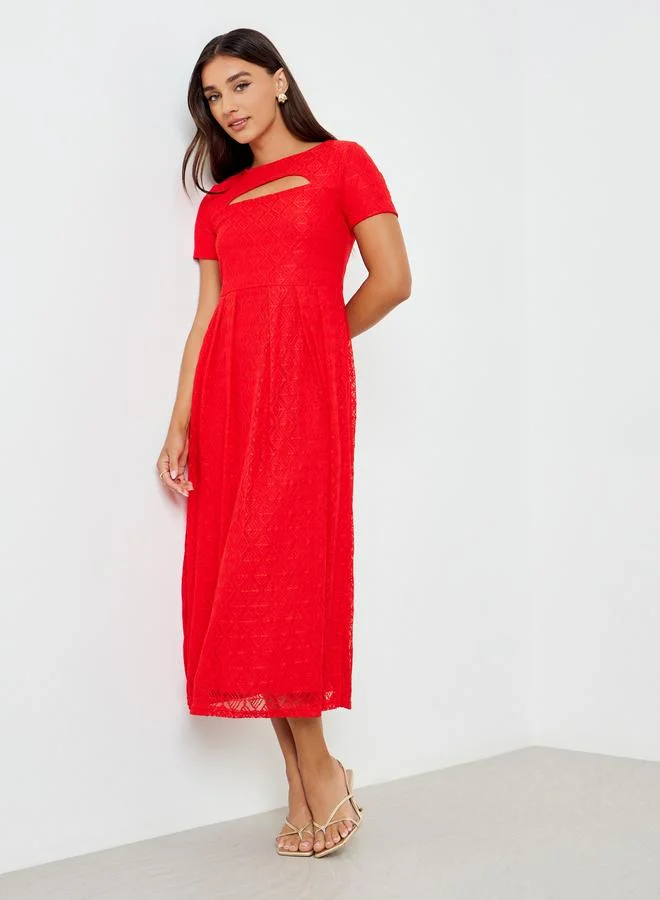 Styli Red Lace Overlay Cut-Out Midi Dress