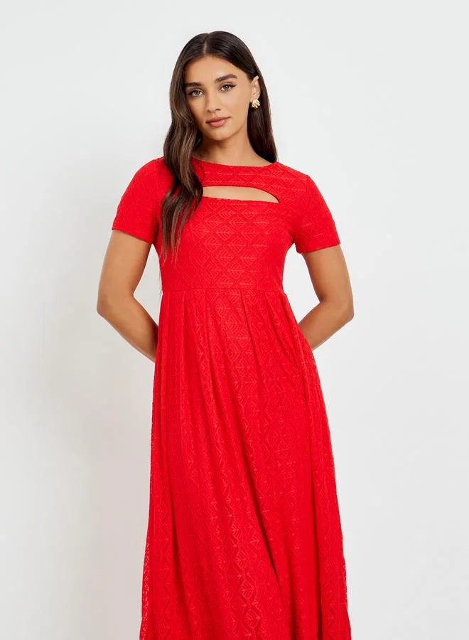 Styli Red Lace Overlay Cut-Out Midi Dress